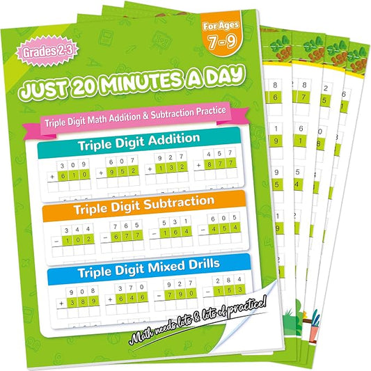 Addition and Subtraction Workbook Triple Digit Math Practice Worksheets for 2nd 3rd Grade, Addition&Subtraction Worksheets One Page A Day Math for Ages 6-9, Math Repetition Exercise Daily, 56 Pages