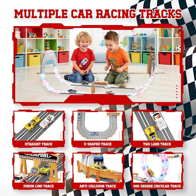 9.86ft 2-in-1 Slot Car Track Sets Toy - with 4 Cars, Battery or Electric Car Track Set with Dual Racing Game, Flash Circular Track, Lap Counter,Birthday Xmas Gifts Toys for Boys(S2-Concrete)