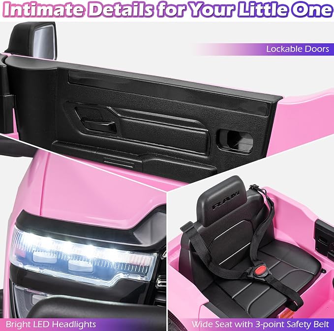 Costzon Ride On Car, 12V Licensed RAM Kids Electric Vehicle w/Remote Control, LED Lights, Music, Horn & Wireless Connection, Soft Start, Ride On Toy Kids Car for Boys Girls (1-Seater,Pink)