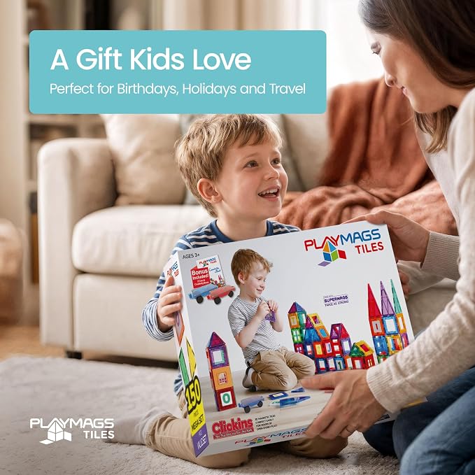 Playmags Magnetic Tiles for Kids 150-Piece Set, STEM Educational Building Blocks Toys for Kids, Includes Click-in ABC Learning Tiles, Gift for Boys & Girls, Add on Magnetic Figures, Car Set Available