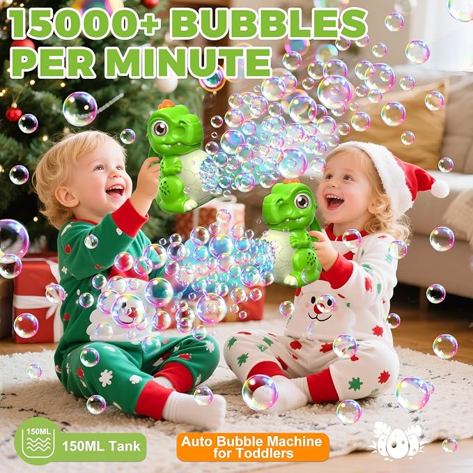 Toddler Toys Dinosaur Bubble Machine: Automatic Blower with Lights, Large 150ML Tank & Powerful Motor - Produces 15,000+ Colorful Bubbles/Min for Magical Party, Birthday