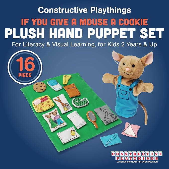 Constructive Playthings If You Give a Mouse a Cookie Plush Hand Puppet Set for Literacy and Visual Learning, Toddler Toys for Kids 2 Years & Up, 16-Pieces
