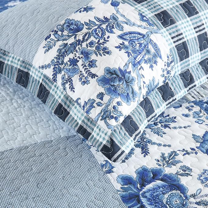 Cotton Bedspread Quilt Bedding Sets 3 Pieces Reversible Coverlet Sets Comforters Rustic Floral Patchwork Blue White Bedspread, King Size