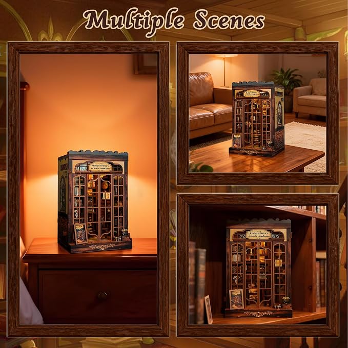 DIY Miniature House Kit, Library Book Nook Kit, 3D Wooden Puzzles Bookshelf Craft Kits, Dollhouse Kit with LED Light, Mini Building Kit for Adults Teen to Build (Retro Bookstore)