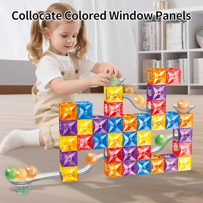 MIEBELY 112PCS Magnetic Marble Run Tiles for Kids Ages 3+ | Glowing balls, non-toxic BPA-free ABS, sealed magnets, screen-free STEM, fridge attach, storage box, travel birthday gift