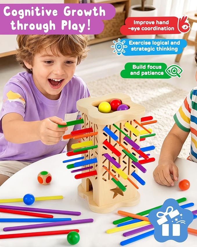 Montessori Wooden Board Games for Kids Ages 4-8, 42 Wooden Strips Game, Color Matching Board Games for Kids 4-6, Fine Motor Skills Toy Montessori Toys for 3 4 5 6 Year Olds, Gift Boys Girls Family