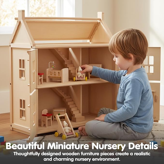 PlanToys® Wooden Nursery Dollhouse Furniture Set for Kids | Montessori Small World and Caregiving Pretend Play | Eco Friendly Wooden Dollhouse Baby Room Set for Imaginative Play