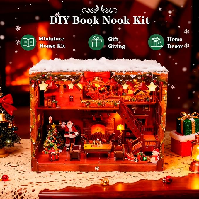 DIY Miniature House, LED Lighting Book Nook Kit Dollhouse Kit,Music Box Dollhouse, 3D Wooden Puzzle with Dust Cover,Gifts for Family, Friends,Christmas(Christmas Carnival)