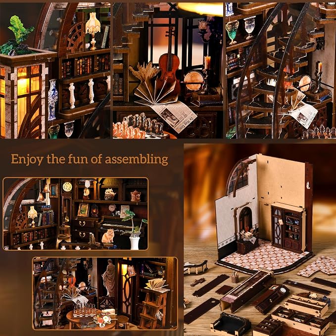 DIY Miniature House Kit, 3D Wooden Puzzle for Adults, Book Nook Kit with Touch LED Light, Library Bookshelf Insert, Creative Hobby Craft Gift for Bibliophiles (Bacchus Bookstore)