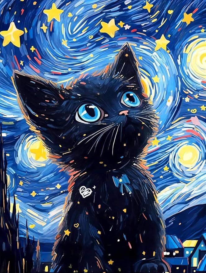 RYMILIE Black Cat Diamond Art Kits for Adults, Diamond Painting Dots Art Kits for Adults Beginners, 5D DIY Full Drill Round Rhinestone Gem Art Crafts Paintings for Home Wall Decor 12"x16"