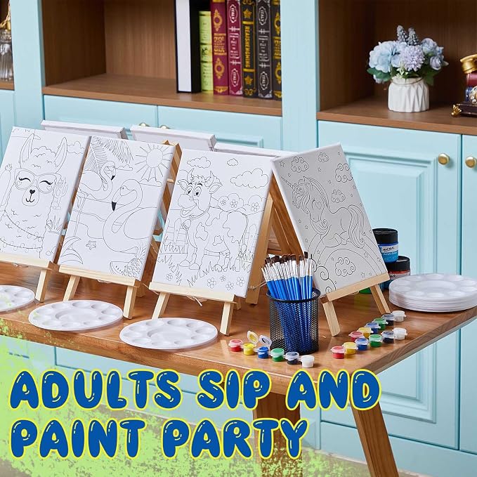 Ireer 84 Pcs 12 Sets Paint Party Kits Animal Pre Drawn Canvas, Wooden Easel, Paintbrushes, Palette, Acrylic Paints and Aprons, Pre Drawn Canvas to Paint for DIY Birthday Party Gift(8 x 10 Inches)