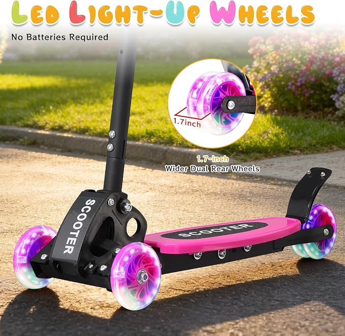 Kick Scooter for Kids Ages 6-12, Stable 3 Wheel Kids Scooter with LED Light-Up Wheels, 3 Adjustable Heights, Lean-to-Steer, Foldable, 6" Extra Wide Deck for Boys and Girls Gifts