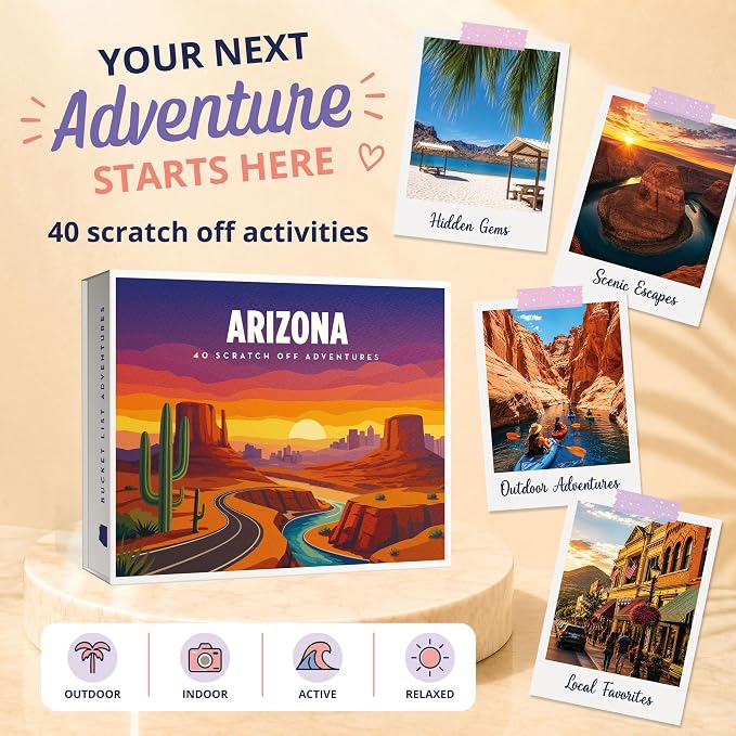 Arizona Bucket List Scratch Off Cards - 40 Adventure Cards with Region Split Map, Hidden Gems, Scenic Escapes & Local Favorites - Travel Gift for Couples, Families, Friends & Tourists