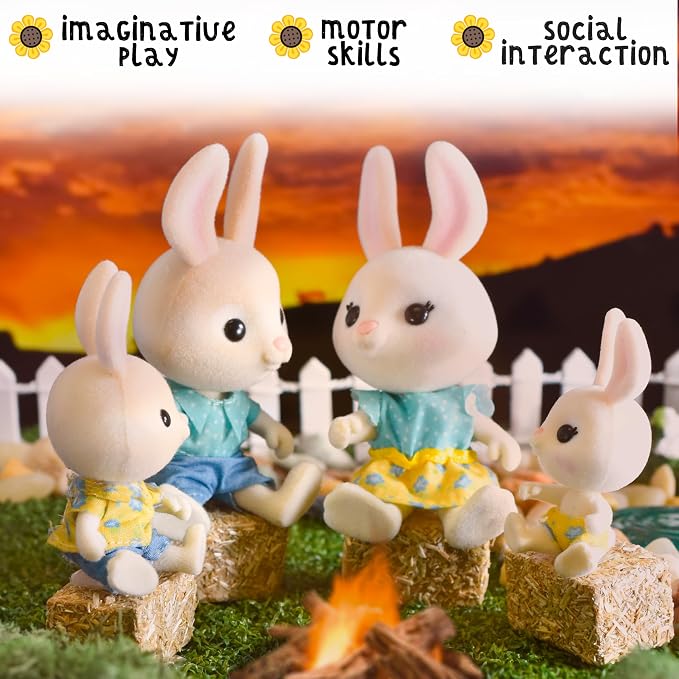 Honey Bee Acres The McScampers Rabbit Family, 4 Mini Flocked Doll Play Figures, Bunny Collectibles, Pretend Play Toys for Kids, Valentines, Easter Basket, Birthday Gift for Girls 3+