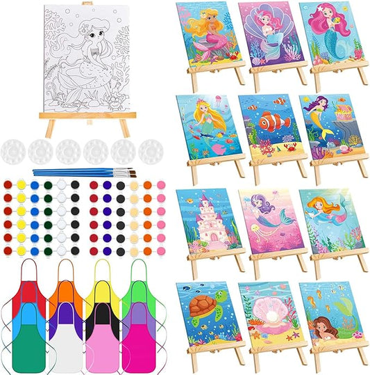Ireer 12 Set Paint Party Set 8 x 10 Sip and Paint Kit Include 12 Printed Pre Drawn Canvas Panel, Wooden Easels, Palettes, Pots, Apron 36 Brushes for Adult Art DIY Party(Mermaid)