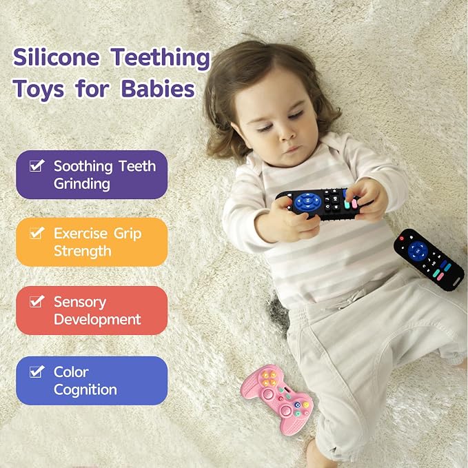 Hooku 2 Pack Remote Teether for Baby, Silicone Teethers for Babies 6-12 Months, Baby Teething Toys for Babies 0-6 Months, Remote Control Toy, Infant Gifts for Boys Girls