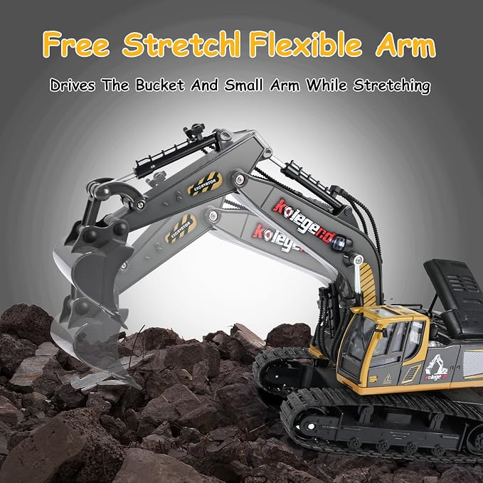 kolegend 1:18 RC Excavator Toys for Boys Metal Bucket Remote Control Excavator 2-Pack Batteries for Non-Stop Digging 2.4Ghz RC Construction Toy with Lights & Learing Cards, Gift for Age 6-10