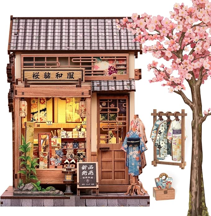Cutefun Book Nook Kit - DIY Miniature Dollhouse Kit for Adults, Teens and Beginners, Japanese Sakura Tiny House Bookshelf Decor 3D Wooden Puzzles, Gifts for Friends & Family (Sakura Kimono Shop)