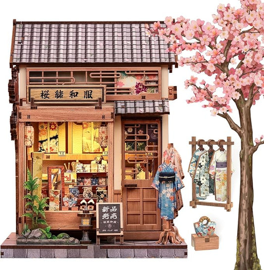 Cutefun Book Nook Kit - DIY Miniature Dollhouse Kit for Adults, Teens and Beginners, Japanese Sakura Tiny House Bookshelf Decor 3D Wooden Puzzles, Gifts for Friends & Family (Sakura Kimono Shop)