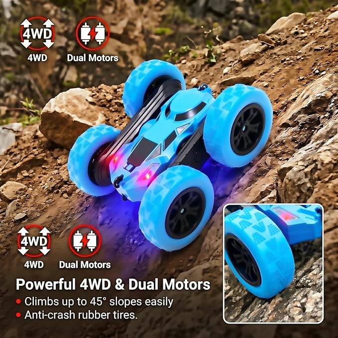 2.4GHz Remote Control Stunt Car for Boys 6-12, 360° Rotating Twin Motors Double Sided Off Road Vehicle, 4WD Rock Climbing Truck with LED Lights, 2 Rechargeable Batteries, Blue