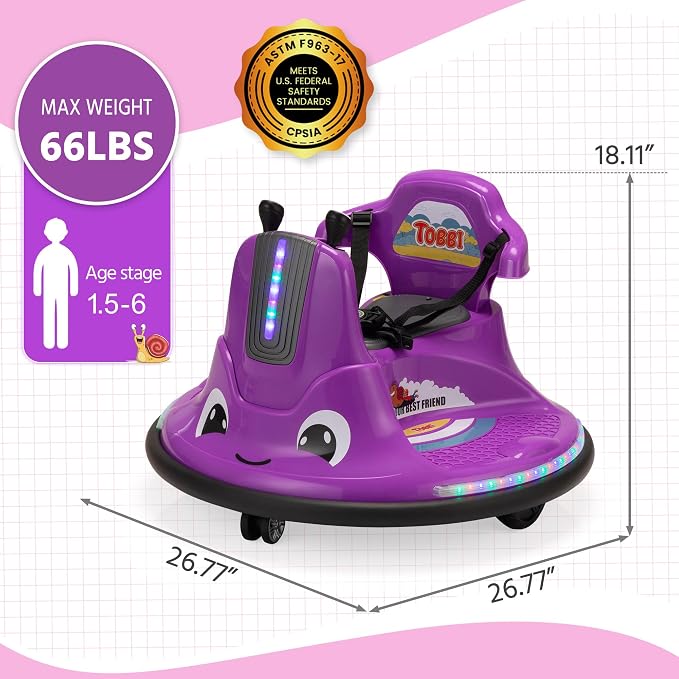 TOBBI Kids Snail Bumper Car, 12V Battery Powered Toddler Electric Ride On Toy with Parent Remote Control/Funny Stickers/360 Degree Spin for Children of Aged 1-6-Violet