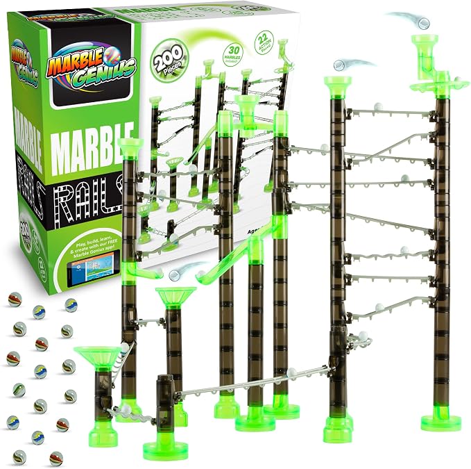 Marble Genius Marble Rails Starter Set, 200 Piece Marble Run for Kids 8+ (30 Marbles, 30 Rail Pieces, 12 Base Pieces & More), STEM, Full-Color Instructions, Great for Kids & Teens
