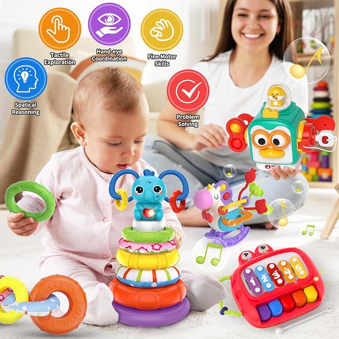 usrela 4 in 1 Baby Toy for 12 18 Month, Learning Toys for Babies 12-18 Months, Baby Busy Cube, Stacking Sorter, Pull String & Piano Xylophone Travel Toy, Birthday Gift for 1 2 Year Old