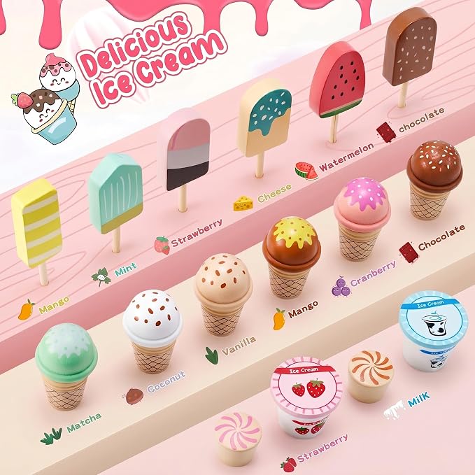 WHOHOLL Wooden Ice Cream Counter Playset for Toddler Girl Toys, Play Store Pretend Toy Food Play Kitchen Accessories with Fake Money & Coin, Christmas Birthday Gifts for 3+ Year Old Kids (Pink)