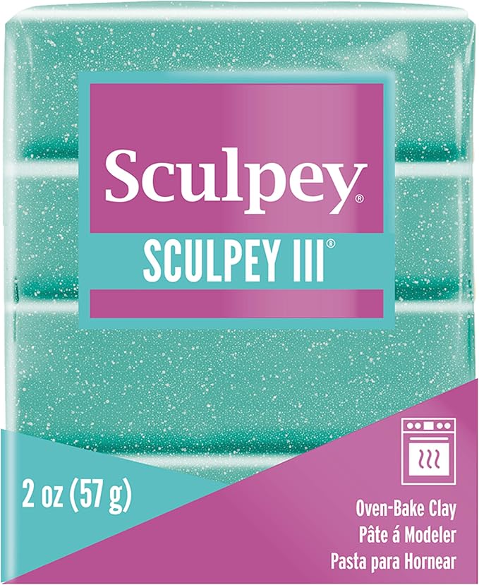 Sculpey III Polymer Oven-Bake Clay, Turquoise Glitter, Non Toxic, 2 oz. bar, Great for modeling, sculpting, holiday, DIY, mixed media and school projects.Perfect for kids & beginners!,S302 574