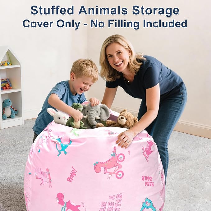 Lukeight Dinosaur Stuffed Animals Storage Bean Bag Chair Cover for Kids, Cozy Velvet Plush Toy Organizer Seat, Cover Only, No Filling Included, Long YKK Zipper, Side Pocket, X-Large 30 x 18 in