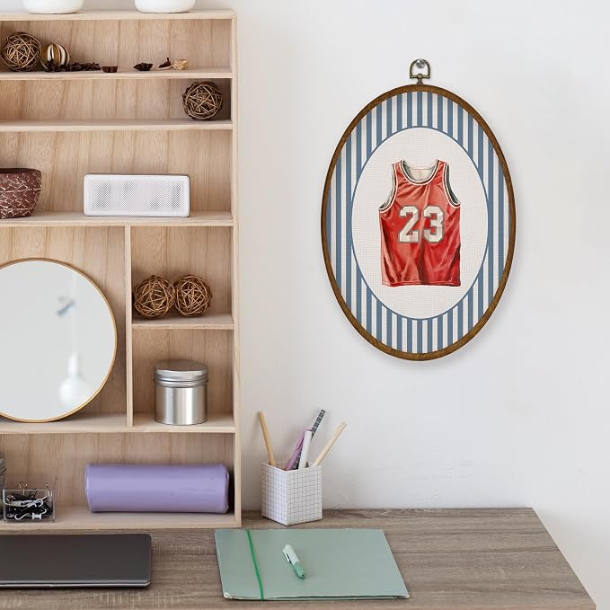 WULQYING Vintage Basketball Jersey Nursery Wall Art Decor, Sports Nursery Oval Framed Canvas Art Prints, Blue Striped Basketball Wall Hanging Decor for Kids Boy Room Bedroom Playroom, 8.6x11.4 Inches