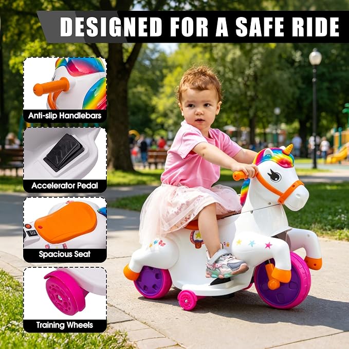 TOBBI Electric Unicorn Ride on Toy Kids Car for Toddler Ages 2-6 Battery Powered Rideable Rocking Horse Pony with Music 3 Wheeler Motorized Unicorn Riding Toys for Baby, Girls & Boys