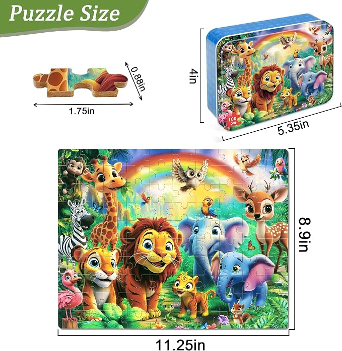 MZZOTOY Jungle Animals Puzzles for Kids Ages 4-8, 100 Pieces Jigsaw Puzzles for Kids Ages 3-5 Puzzle for Girls and Boys Learning Educational Puzzles Toys in a Metal Box ﻿