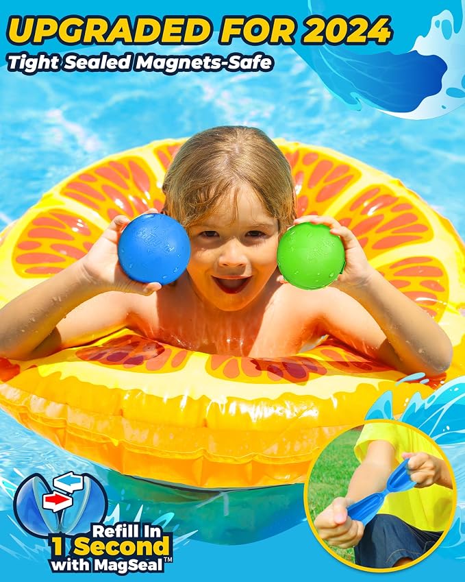 Reusable Water Balloons：16 Pack Refillable Water Bomb Splash Balls Self Sealing Quick Fill - Latex-Free Silicone Water Toys for Kids Adults - Water Games Outside Beach Pool Party