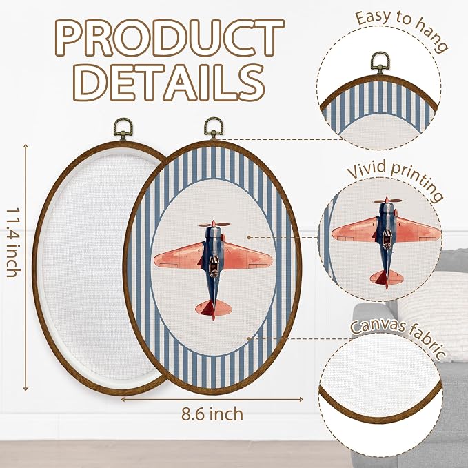 WULQYING Vintage Airplane Nursery Wall Art Decor, Kids Room Oval Framed Canvas Art Prints, Blue Striped Airplane Aircraft Wall Hanging Decor for Kids Boys Room Bedroom Playroom, 8.6x11.4 Inches