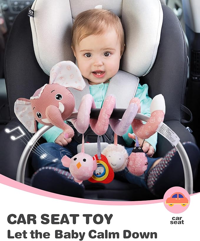 Jollybaby Crib Stroller Car Seat Toys for Baby 0-3-6-9-12 Months, Tummy Time Hanging Sensory Toys for Newborn with Music Box and Teether, Spiral Carseat Toy for Boys Girls Gifts (09-Sz Gray Elephant)