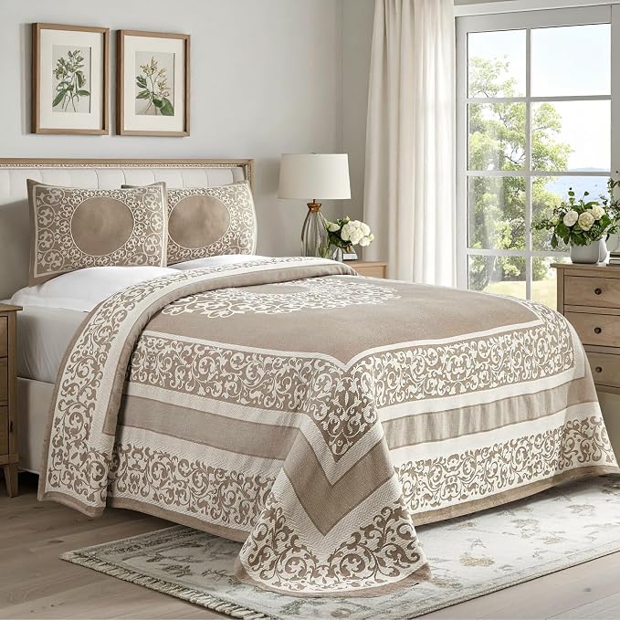 Superior Cotton Blend Bedspread Set, Includes 1 Tailored Bedspread and 2 Matching Pillow Shams, Lightweight Blanket, Bedding Decor, Jacquard Vintage Floral Mandala, Lyron Collection, Full, Taupe