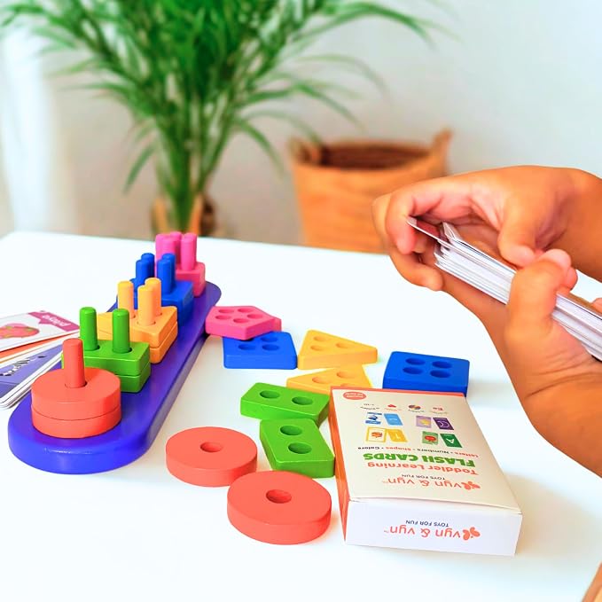2-in-1 Wooden Shape Sorter & 58 Flash Cards Montessori Toy for Toddlers | Stacking & Sorting Toy for Boys & Girls, Color and Shape Matching Learning Puzzle for Ages 3+, Preschool Education