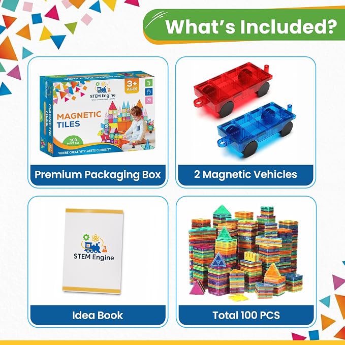 100 Pc Magnetic Tiles Magnetic Building Blocks Set for Kids Educational Magnet Tiles for Kids