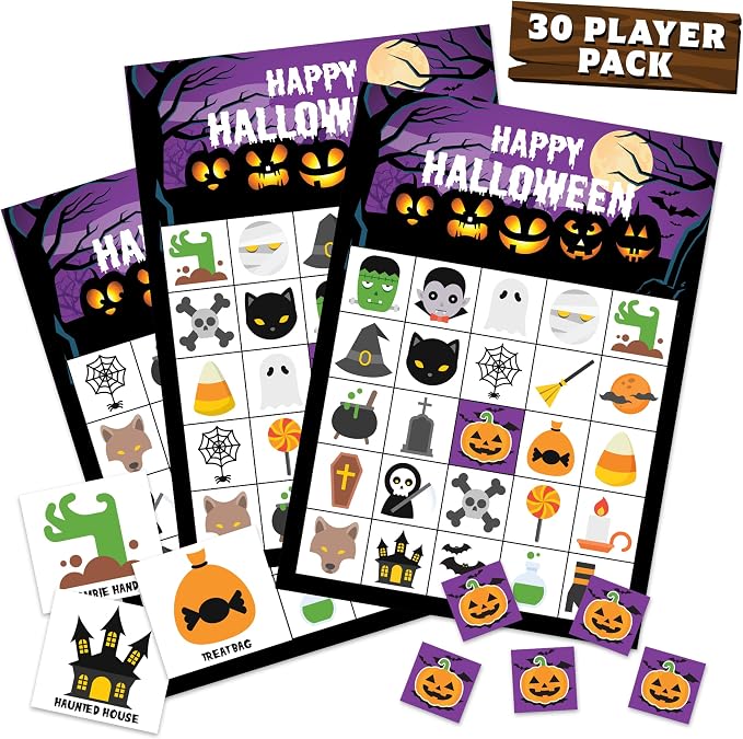 Halloween Games For Kids Party - Halloween Bingo Game For Kids With Up To 30 Players - Halloween Party Games - Halloween Crafts - Fun Spooky Activity For Families, Classroom Parties, Community Events