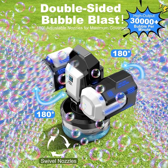 Rechargeable Bubble Machine with RGB Lights: 30,000 Bubbles Storm, Auto 360° Rotation & Remote Control - with Bubble Refill Solution & Power Display for Romantic Weddings, Kids Parties, Outdoor Fun