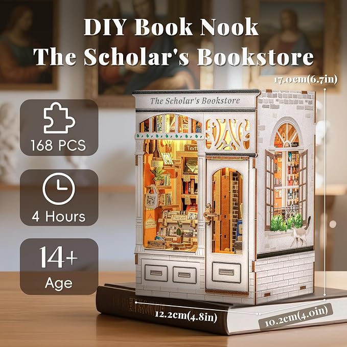 CUTEBEE DIY Book Nook Kit, Miniature House Kits for Adult and Teens, DIY Miniature Book Nook kit with Sensor Led Light, Gifts for Lovers and Family (The Scholar's Bookstore)