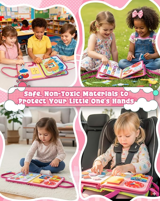 Pink Montessori Busy Board for Toddlers,8-Page Sensory Activity Book for Fine Motor Skills & Basic Dress Learning, Portable Travel Toy for Preschool Kids, Portable Travel Gift for Preschool Girls