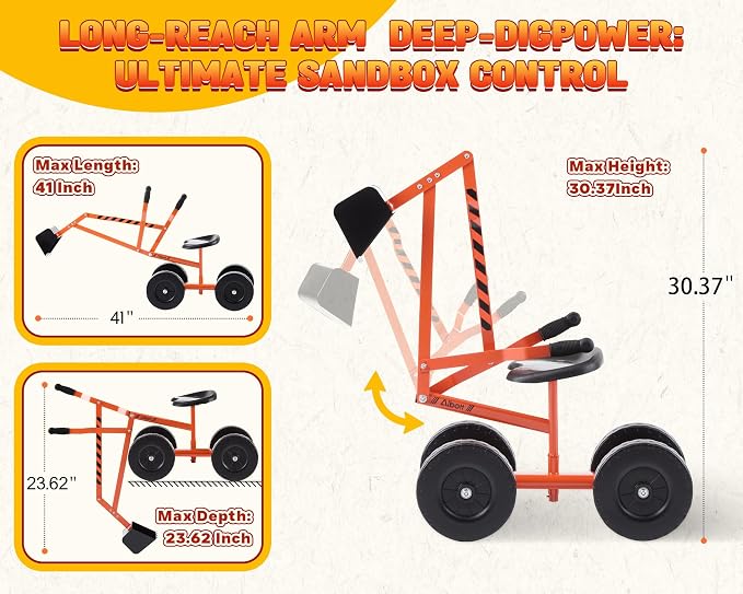 Albott Ride On Sand Digger Excavator Toys Working Crane with 8 inches Wheels and 360° Rotation Seat (Orange)