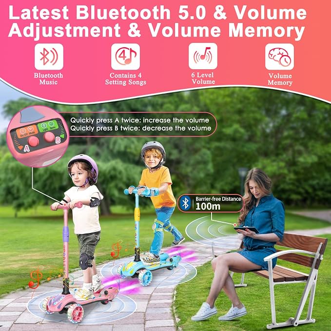 3 Wheel Scooter for Kids, Toddler Scooter with Bluetooth Music Speaker Steam Sprayer LED Lights Aluminum Alloy T-Bar, Folding Kick Scooters for Boys Girls Ages 3-10