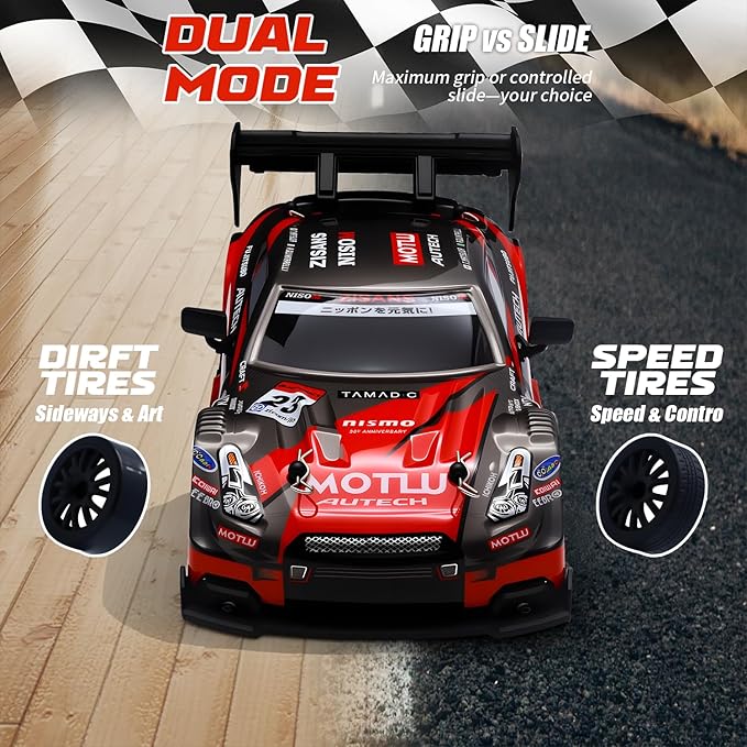 RC Drift Car, 1:24 Scale Remote Control Vehicle for Kids,2.4GHz 20KM/H 4WD High Speed RC Cars with LED Light, Two Batteries & Drifting Tires Racing Sport Toy Cars for Adults Boys Girls Kids 8607BK