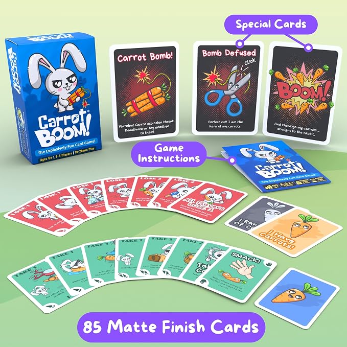 KAWAII LAB GAMES Carrot Boom Family Card Game for Kids, Teens & Adults | Quick & Easy Game Night Fun | Pure Luck, No Strategy | Ages 6+ | 2-4 Players | 10-15 Min