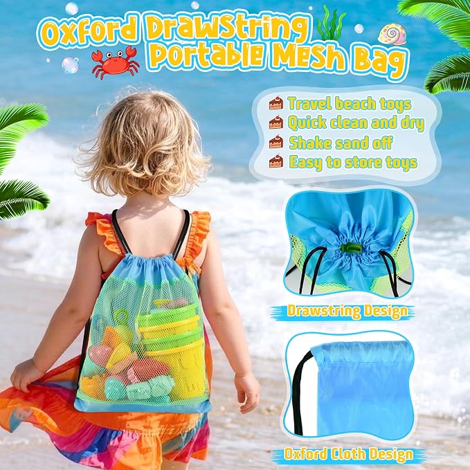 KUBUSFLY Beach Toys for Toddlers, Sand Castle Toys with 4 Beach Bucket and Shovels, Ice Cream Travel Sand Toys for Sandbox & Mesh Bag, Essentials Toy for Toddlers Kids Baby Boys Girls Age 3-10