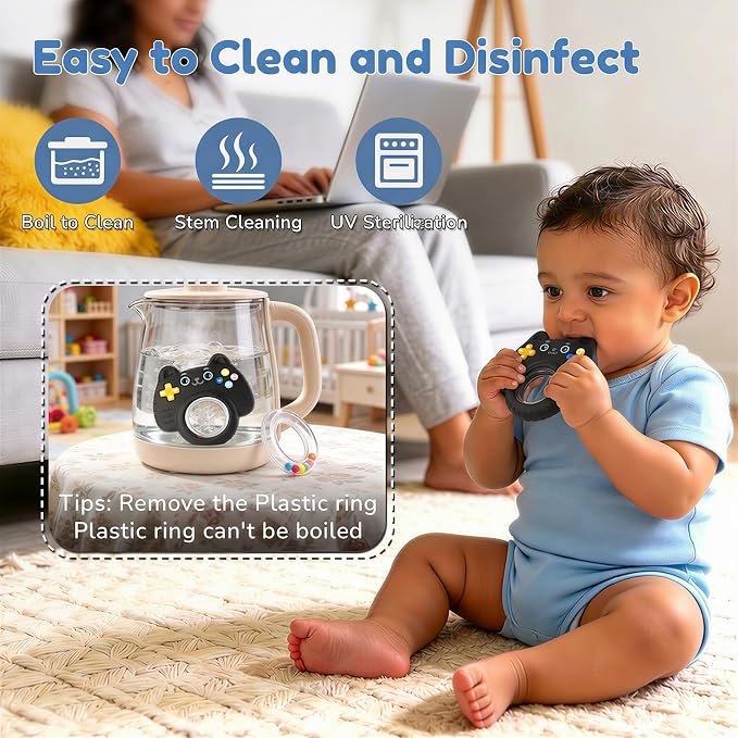 Baby Teether Toy Silicone Cat Teething Ring -Game Controller, Baby Rattle Toy Chew Sensory Toys for Babies Over 3 Months, Teething Relief for Newborn Infant Essentials 0-6 6-12 Months, BPA Free -Black