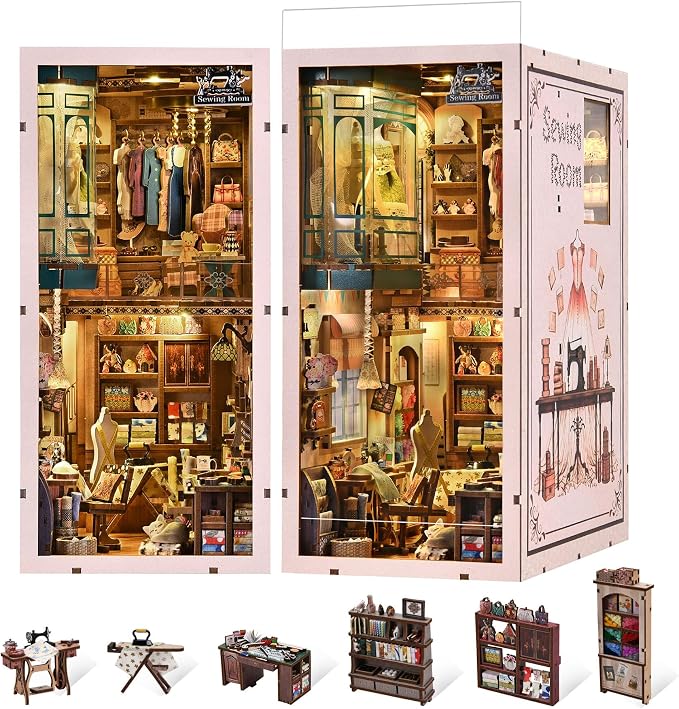 fifijoy Book Nook Kit - DIY Miniature House Dollhouse Kit for Adults and Teens, Booknook Tiny House Bookshelf Decor 3D Wooden Puzzle, Gifts for Family Friends (Sewing Room)